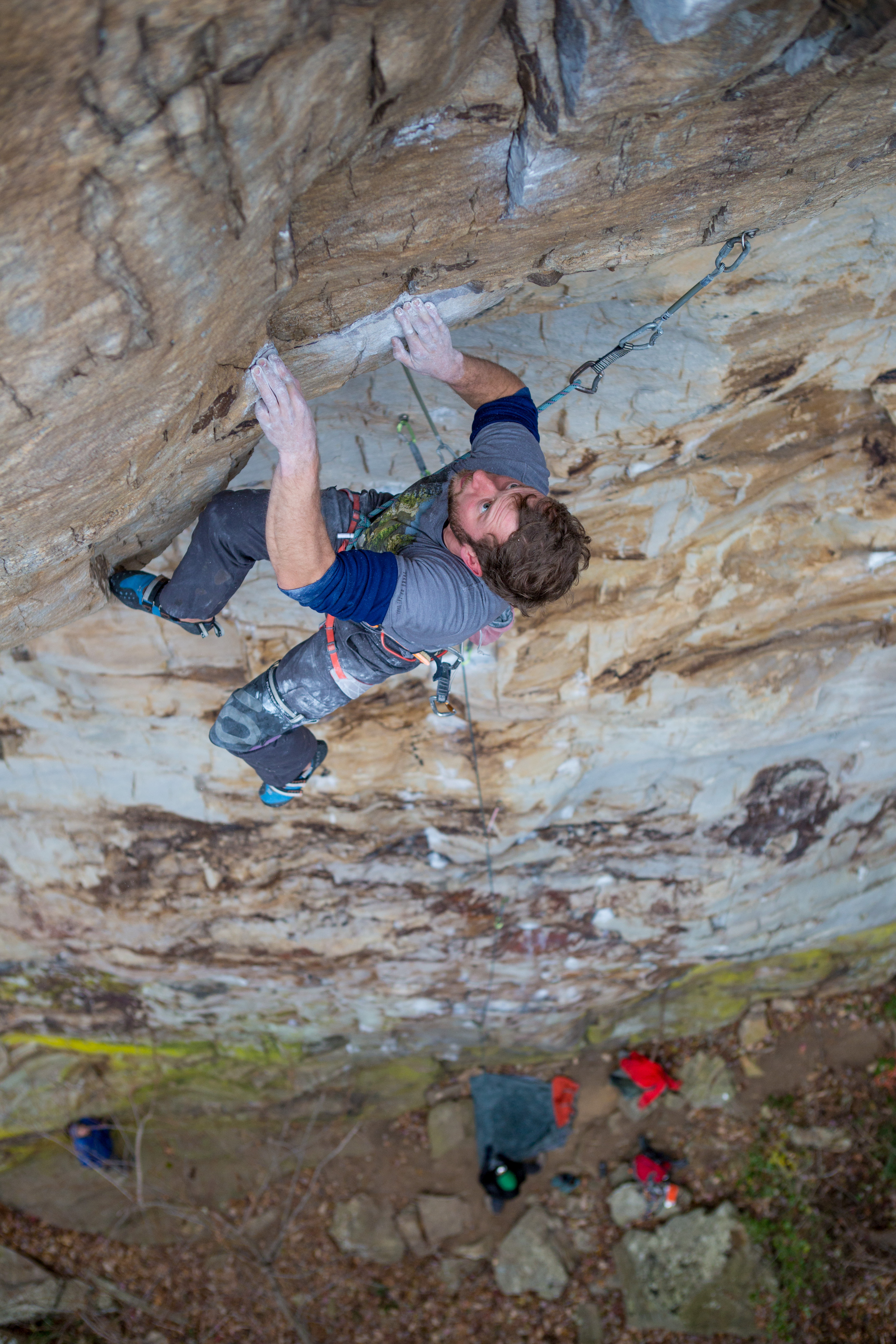 Laban Swaford gets focused for the crux of Apes on Acid 8a+ Castle Rock, TN.